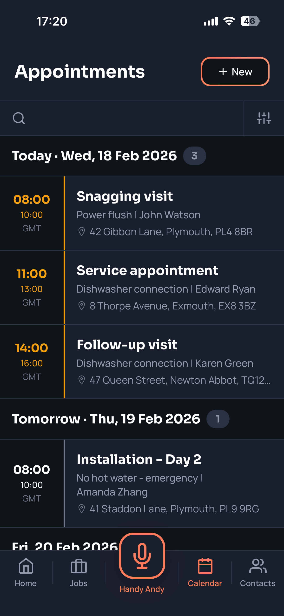 Appointments list showing today's and tomorrow's jobs with times, types, and addresses