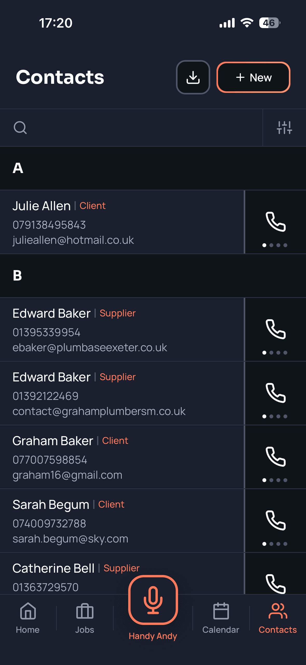 Contacts list organised alphabetically with Client and Supplier labels, phone numbers, and one-tap call