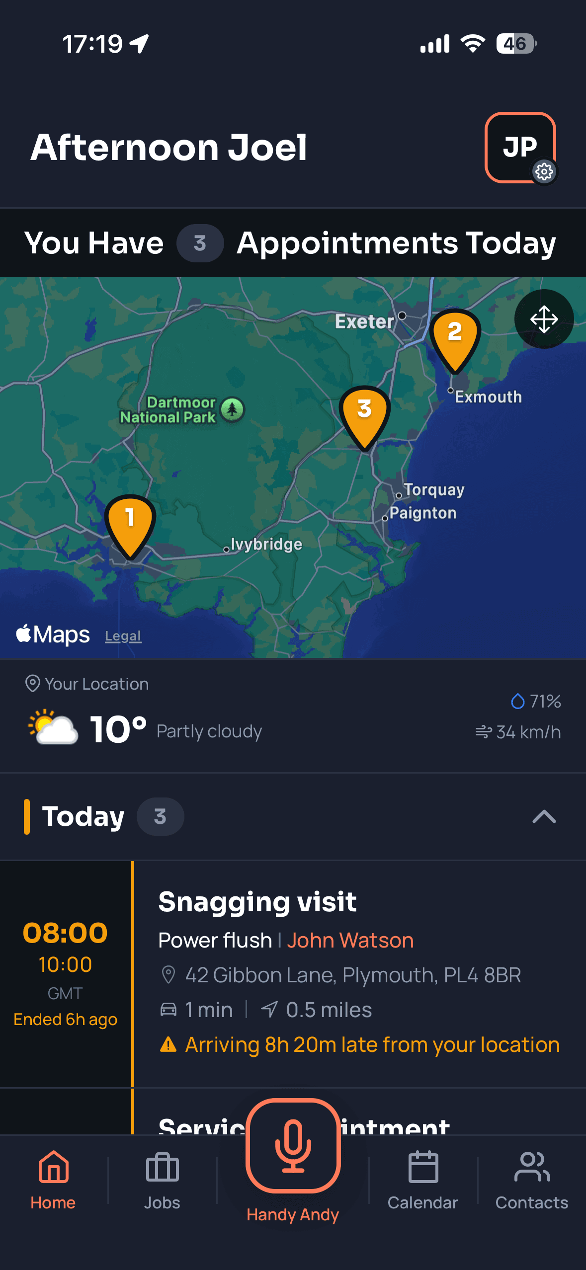 Office home dashboard showing appointments plotted on a map across Devon