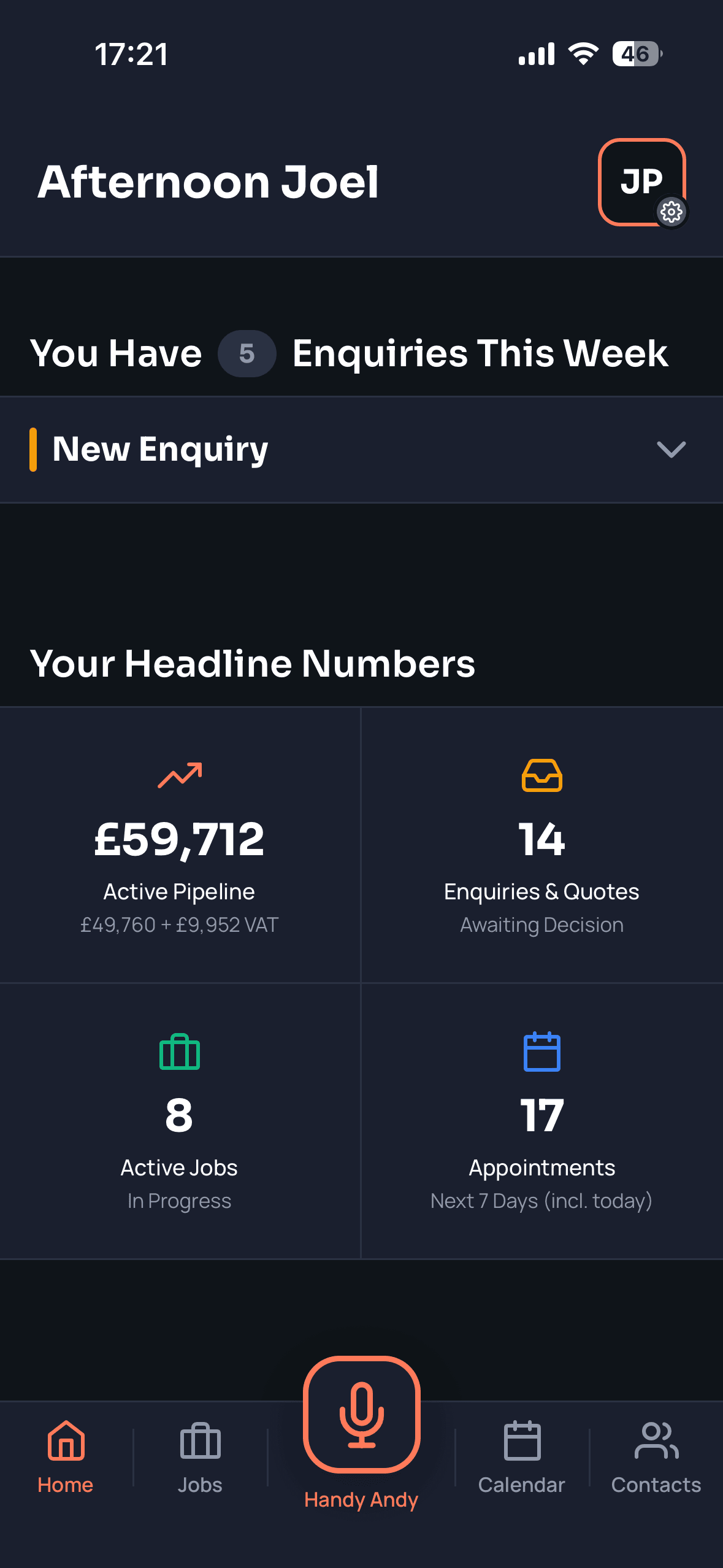 Office dashboard showing £59,712 active pipeline, 14 enquiries, 8 active jobs
