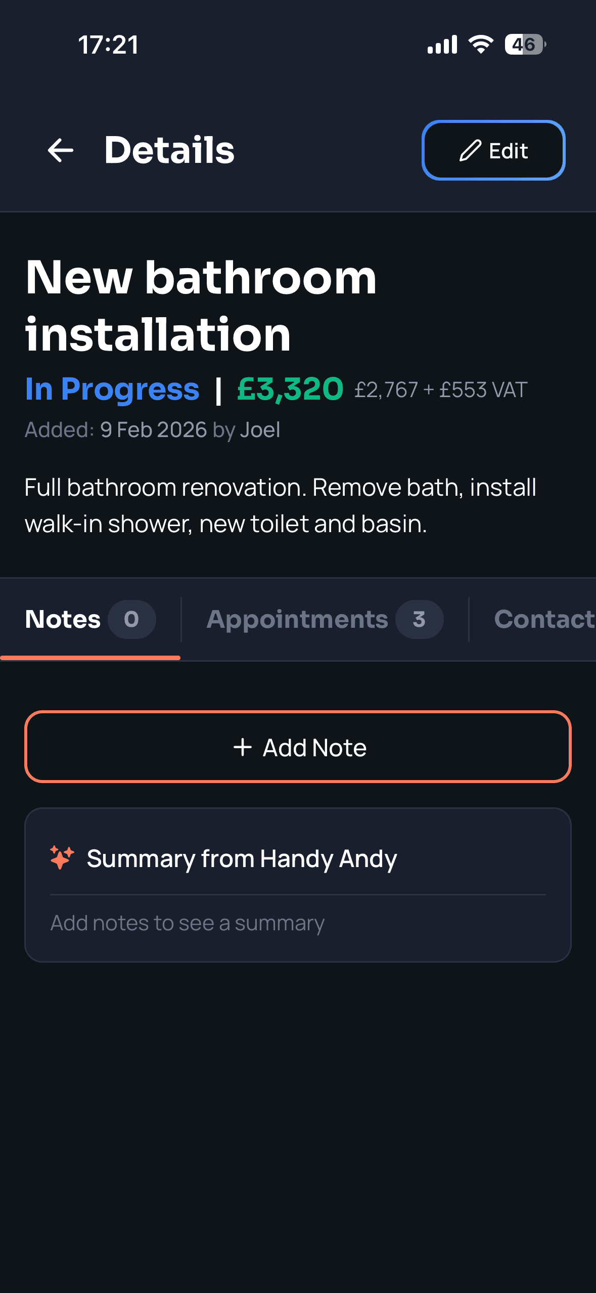 Job detail screen showing bathroom installation with AI-powered summary from Handy Andy