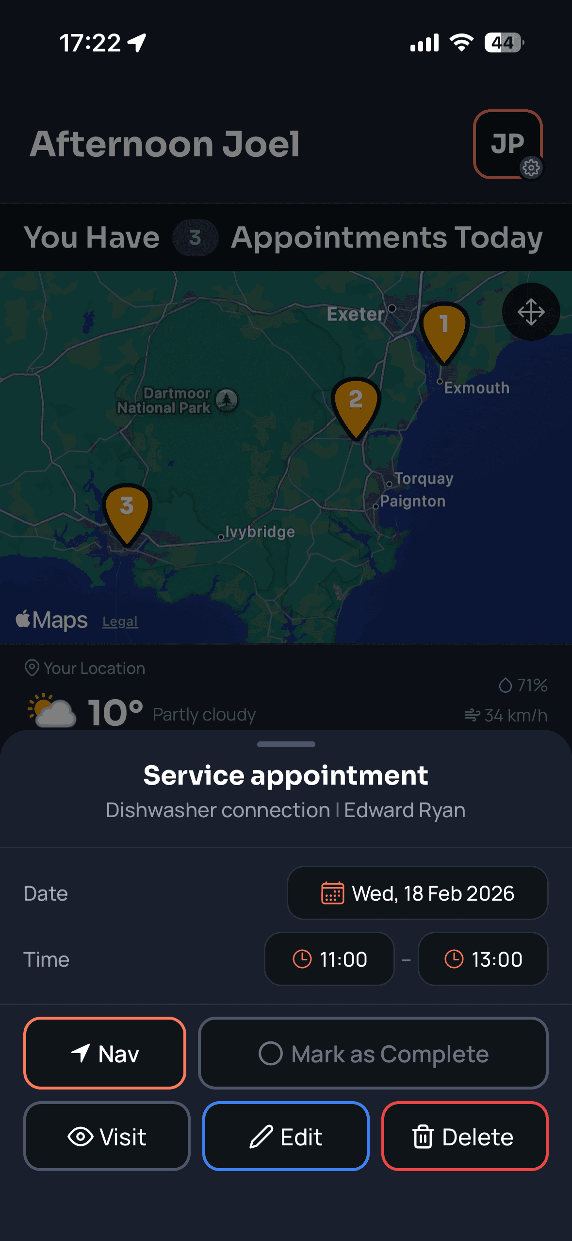 Appointment popup on map with navigation, mark complete, and edit options