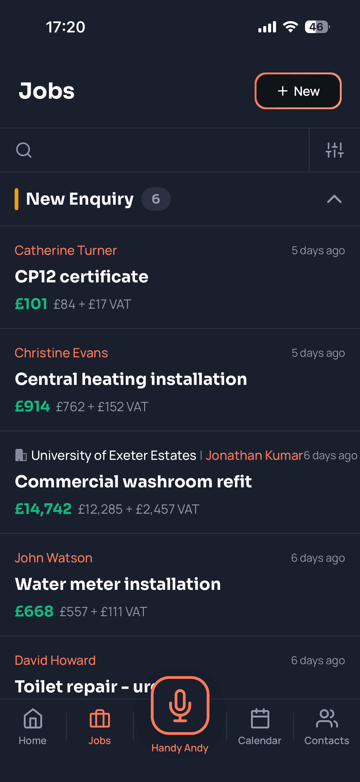 Expanded new enquiry list showing jobs with values including CP12 certificate, central heating, commercial washroom refit