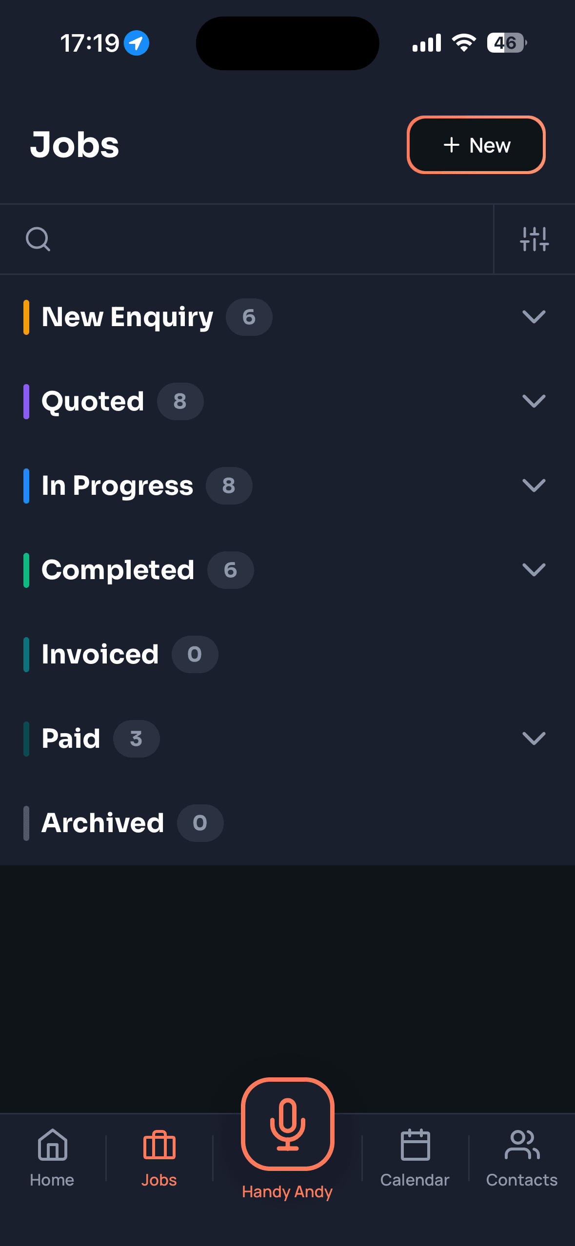 Job pipeline showing stages from New Enquiry through Quoted, In Progress, Completed, to Paid