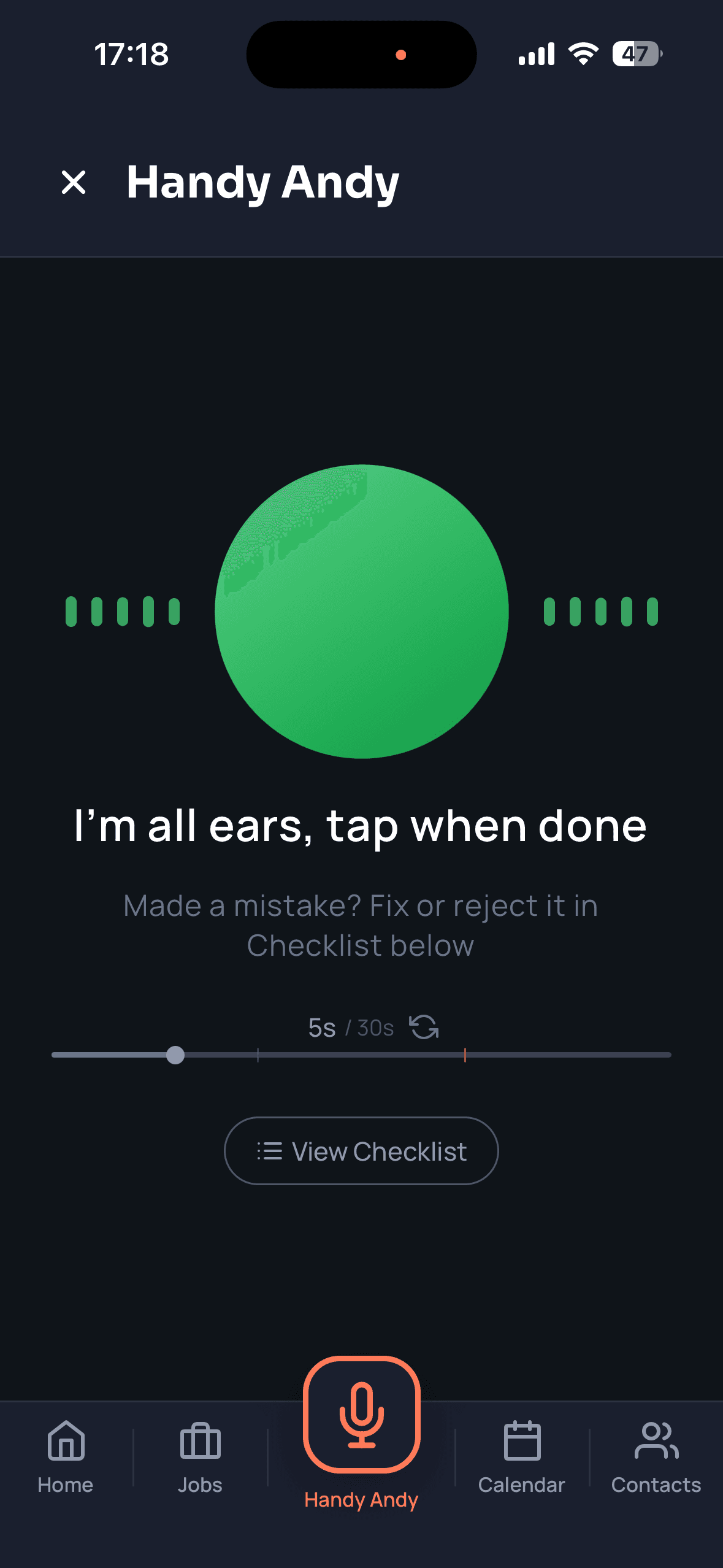 Handy Andy voice assistant, recording a voice command with green pulsing button