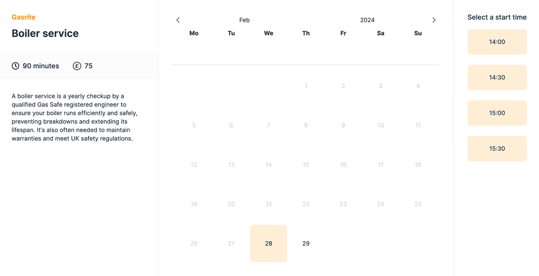BUILT Booking calendar showing available time slots