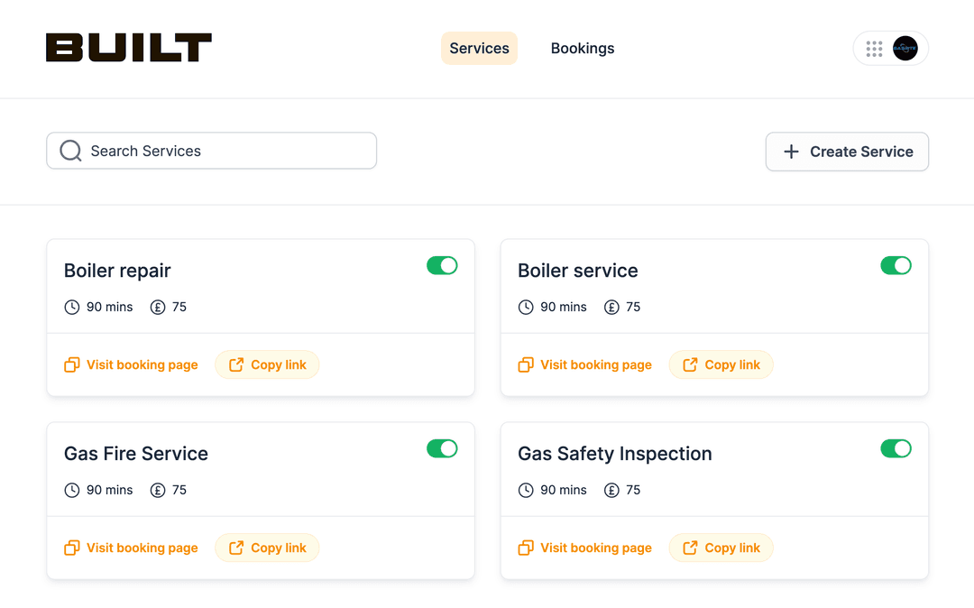 BUILT Booking admin dashboard showing service cards