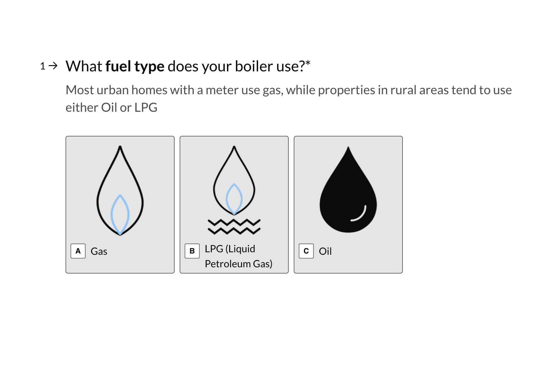 Easy Estimates fuel type question showing Gas, LPG, and Oil options