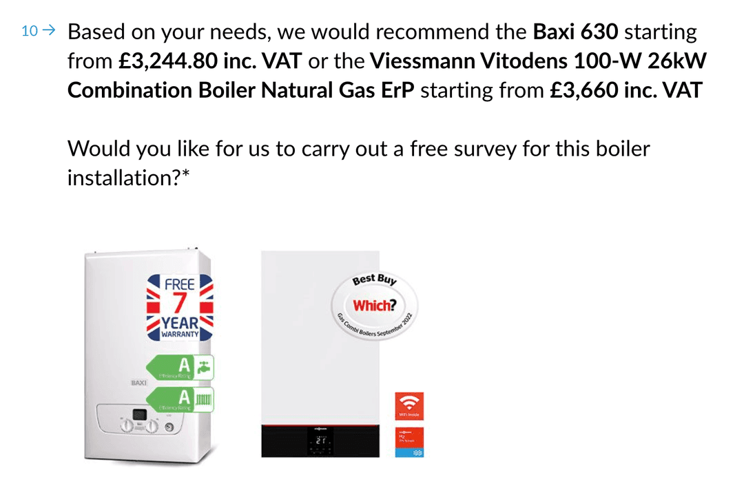 Easy Estimates results screen showing recommended boilers with pricing