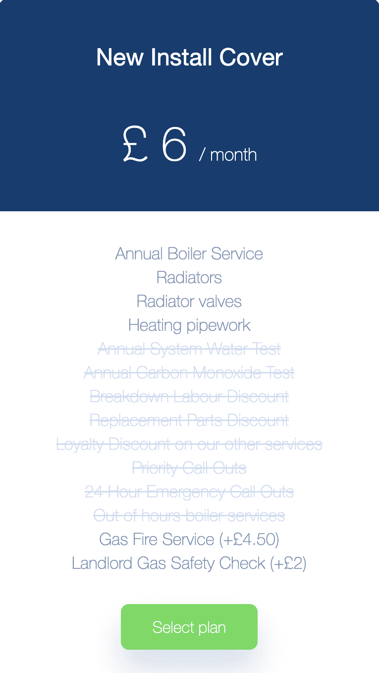 Service plan card showing New Install Cover at £6/month